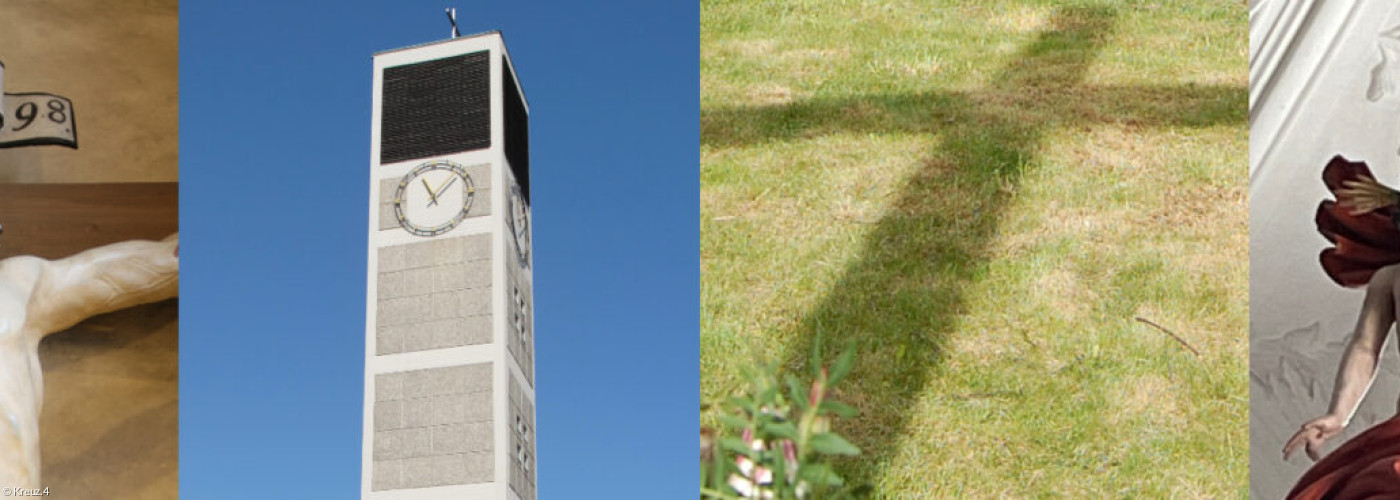 Symbole zu Jesus am Kreuz: Turm, Kruzifixe, Schattenwurf in Kreuzform auf Rasen