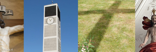 Symbole zu Jesus am Kreuz: Turm, Kruzifixe, Schattenwurf in Kreuzform auf Rasen
