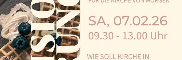 Man sieht das Plakat zum Vision Brunch in beige vor einem Hintergrund mit leckeren Blaubeerwaffeln