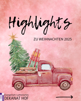 Auto mit Tannenbaum, Schriftzug "Highlights zu Weihnachten"