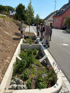 Menschen stehen an Grünstreifen