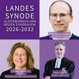 Die neuen Landessynodalen im DB Hof sind in lila Kacheln als Portrait abgebildet