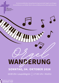 Plakat mit Tastatur und Noten, lila, Text: Orgelwanderung