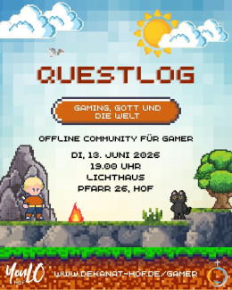 Questlog Gamerkreis Werbung, Gamingpixelige Wiese mit Figur und Katze