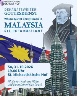 Malaysia Fahne und Hochhäuser, im Hintergrund Luther