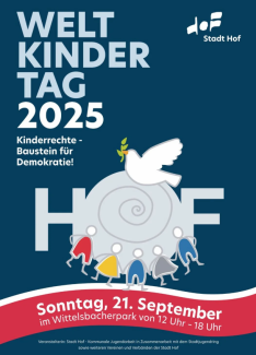 Plakat Weltkindertag 2026, dunkelblau mit Friedenstaube
